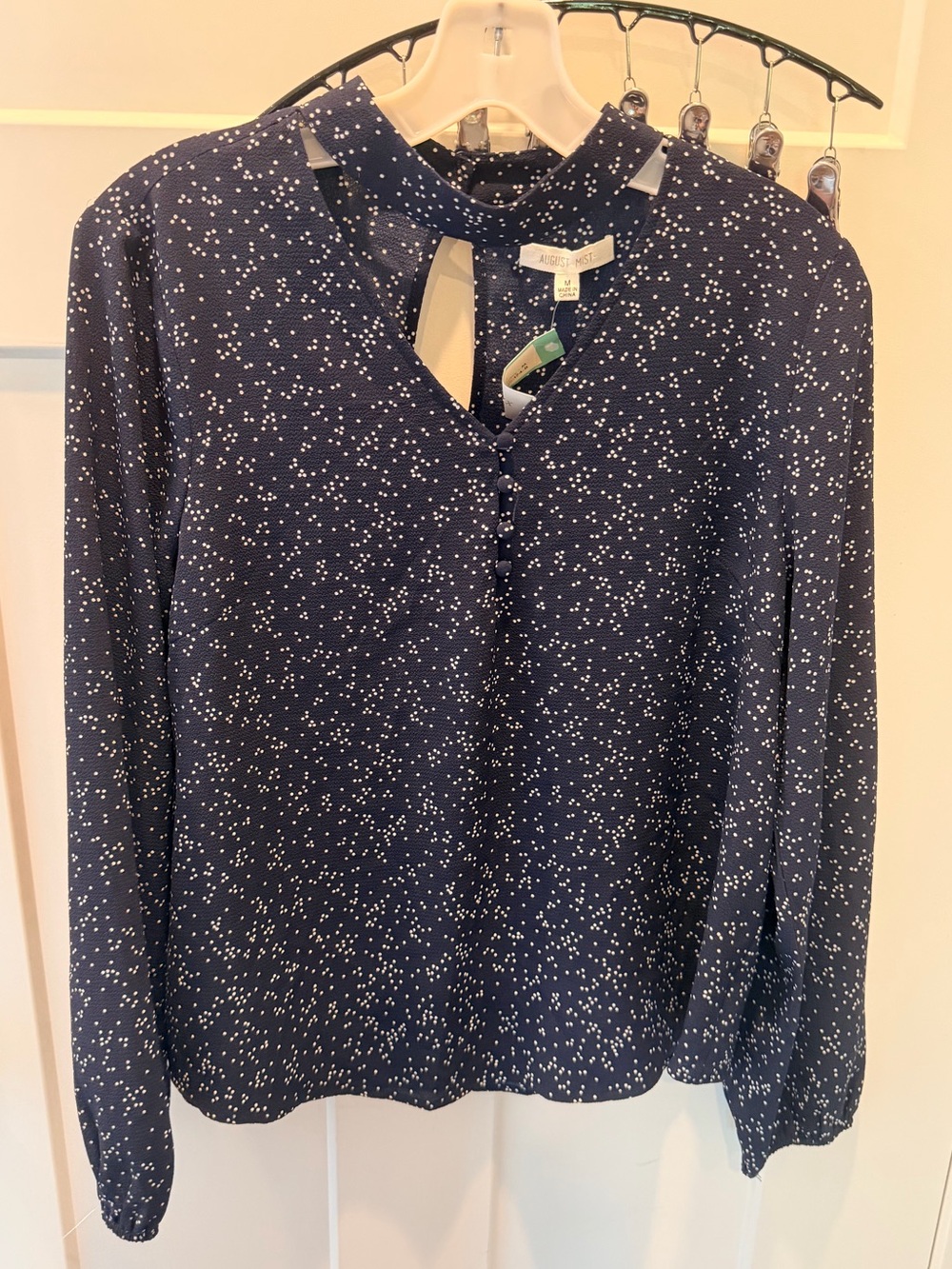 August Mist Women’s M Navy Speckled Choker Neck Long Sleeve Blouse